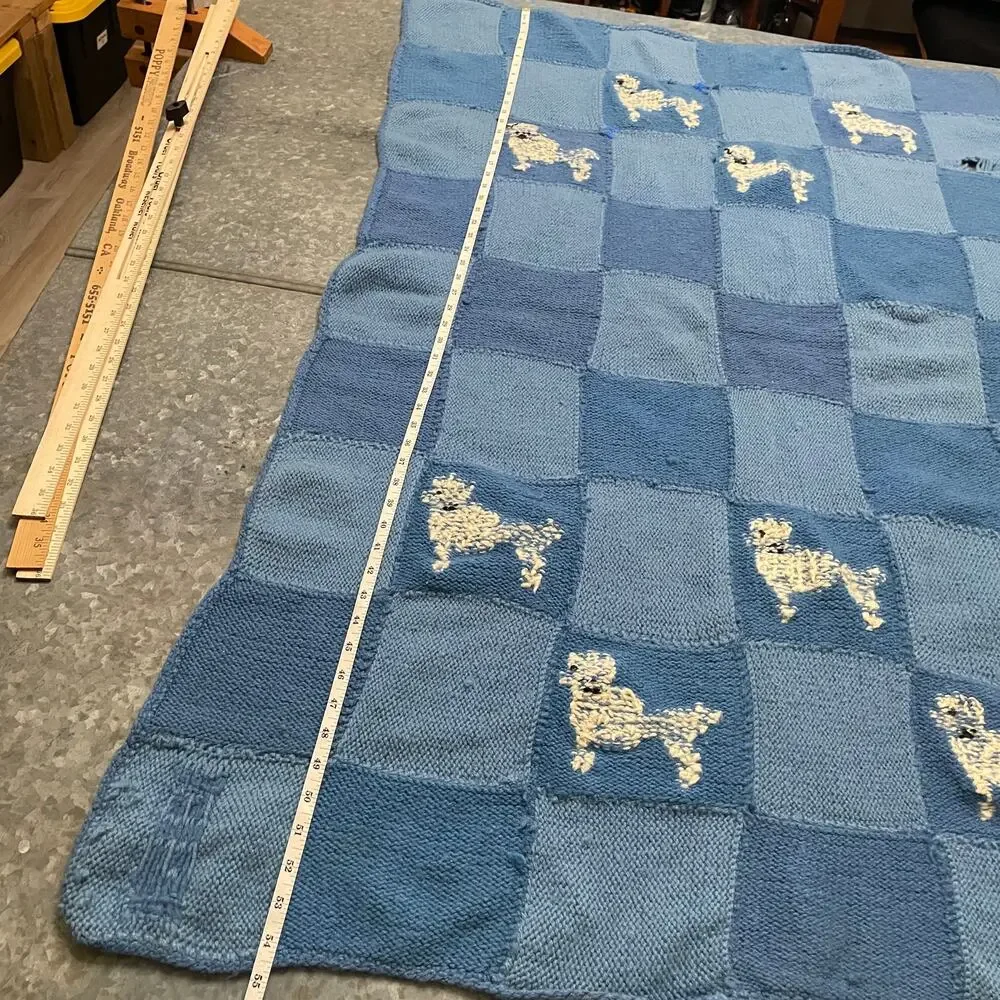 Vintage 1967 Poodle Handmade Quilt Blanket Throw Blue White 60s Retro Mod 34x54